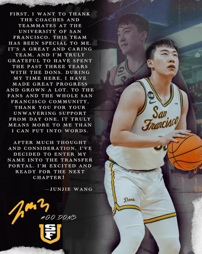 体育赛事-王俊杰致谢旧金山大学：感谢旧金山大学的教练和队友们